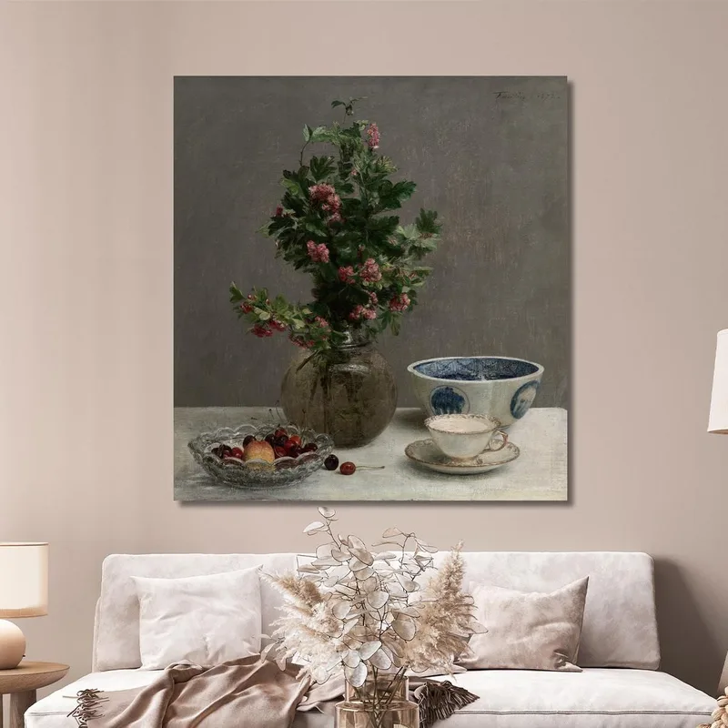 Stillleben Mit Vase Mit Weißdorn Schüssel Mit Kirschen Japanische Schüssel Und Tasse Und Untertasse Henri Fantin-Latour drucke