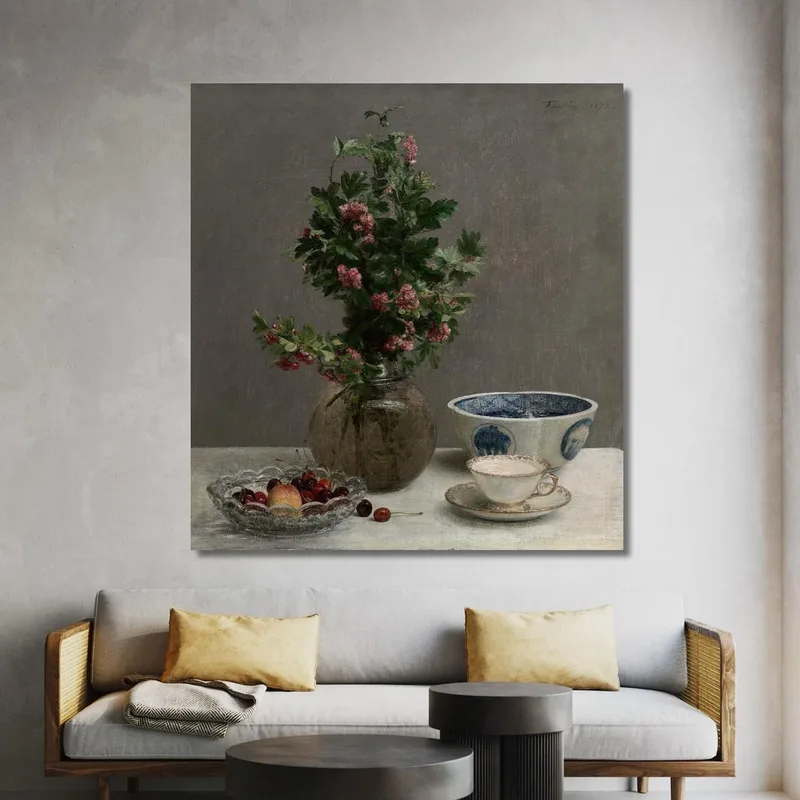 Stillleben Mit Vase Mit Weißdorn Schüssel Mit Kirschen Japanische Schüssel Und Tasse Und Untertasse Henri Fantin-Latour drucke