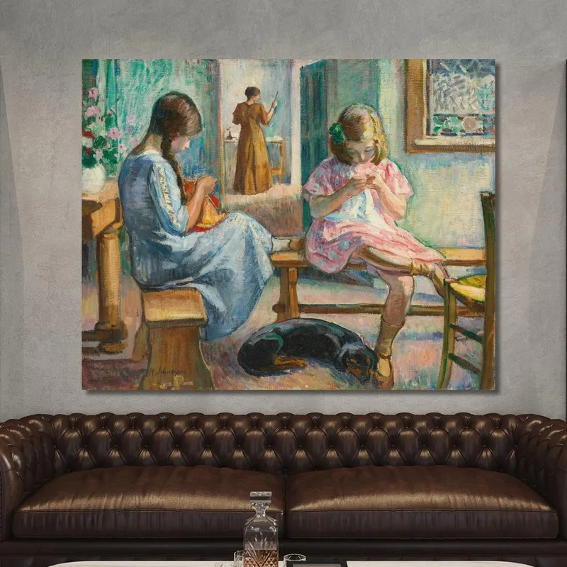 Marthe And Nono Sewing In An Interior Henri Lebasque