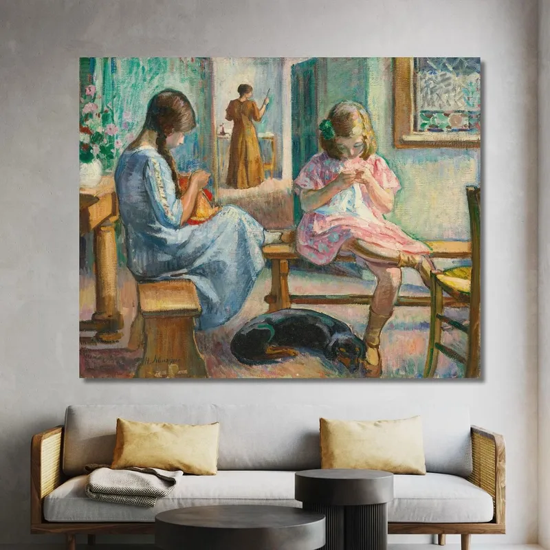 Marthe And Nono Sewing In An Interior Henri Lebasque