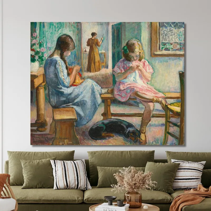 Marthe And Nono Sewing In An Interior Henri Lebasque