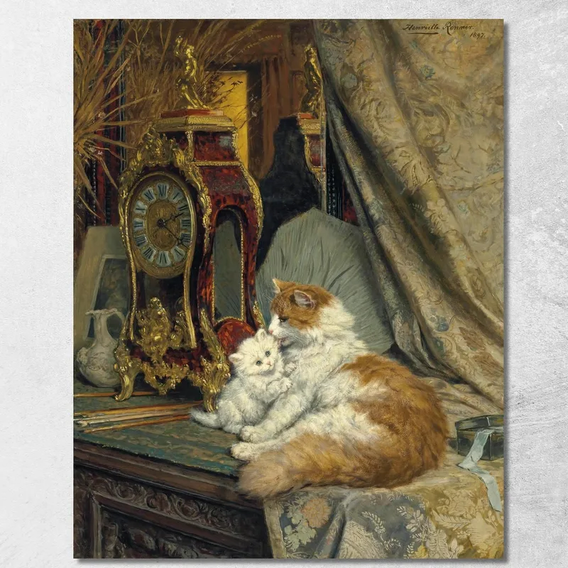 Una Gata Madre Y Su Gatito Con Un Reloj De Sobremesa Henriëtte Ronner-Knip cuadro en lienzo