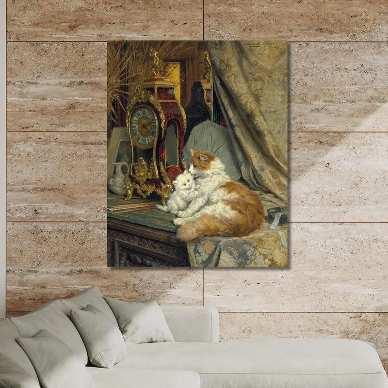 Eine Katze Und Ihr Kätzchen Mit Einer Pendeluhr Henriëtte Ronner-Knip