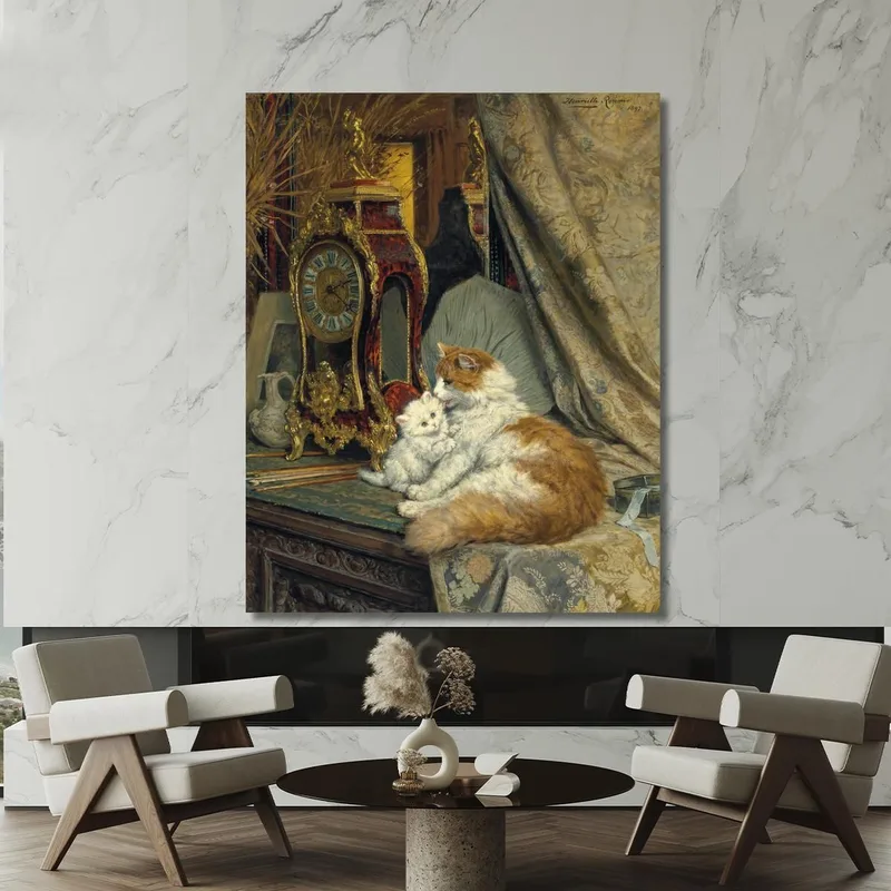 Eine Katze Und Ihr Kätzchen Mit Einer Pendeluhr Henriëtte Ronner-Knip