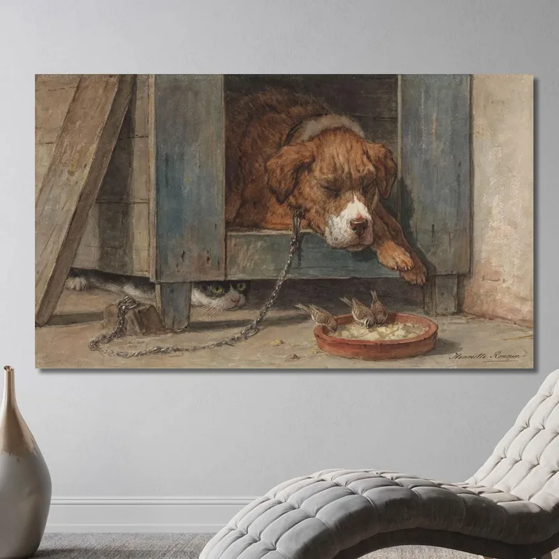 Gato Acechando Pájaros Junto A Un Perro Dormido Henriëtte Ronner-Knip