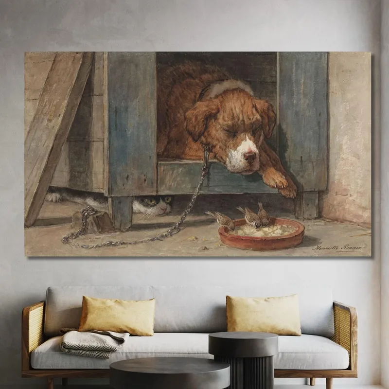 Gato Acechando Pájaros Junto A Un Perro Dormido Henriëtte Ronner-Knip