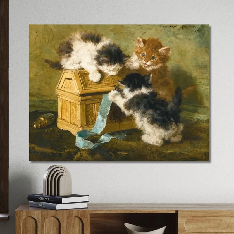 Three Kittens With A Casket And Blue Ribbon Henriëtte Ronner-Knip