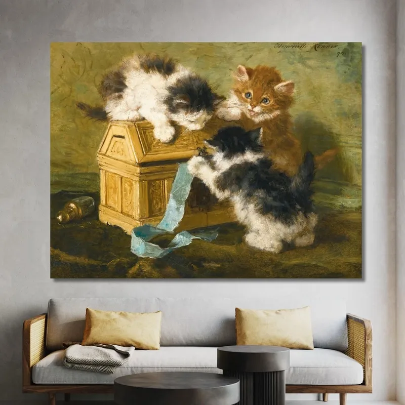 Three Kittens With A Casket And Blue Ribbon Henriëtte Ronner-Knip
