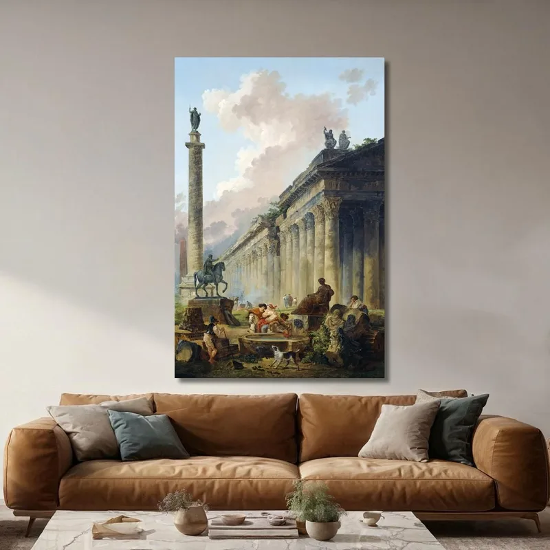 Imaginary View Of Rome With Equestrian Statue Of Marcus Aurelius The Column Of Trajan And A Temple Hubert Robert