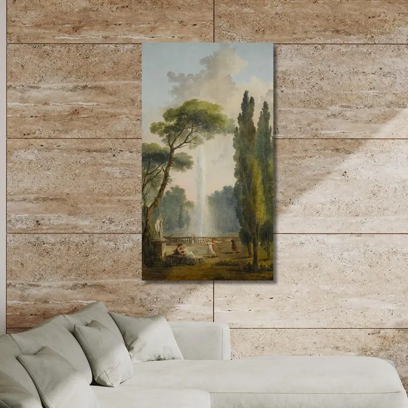 Vista Di Un Giardino Con Una Grande Fontana Al Centro E Figure Che Si Rilassano E Ballano In Primo Piano Hubert Robert
