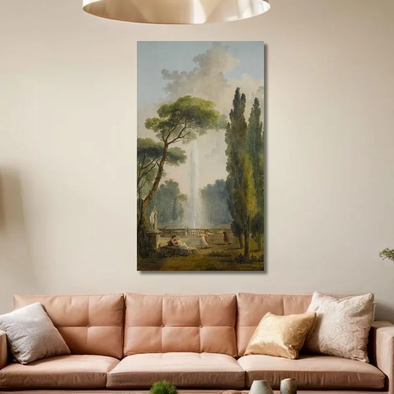Vista Di Un Giardino Con Una Grande Fontana Al Centro E Figure Che Si Rilassano E Ballano In Primo Piano Hubert Robert