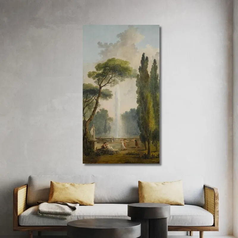Vista Di Un Giardino Con Una Grande Fontana Al Centro E Figure Che Si Rilassano E Ballano In Primo Piano Hubert Robert
