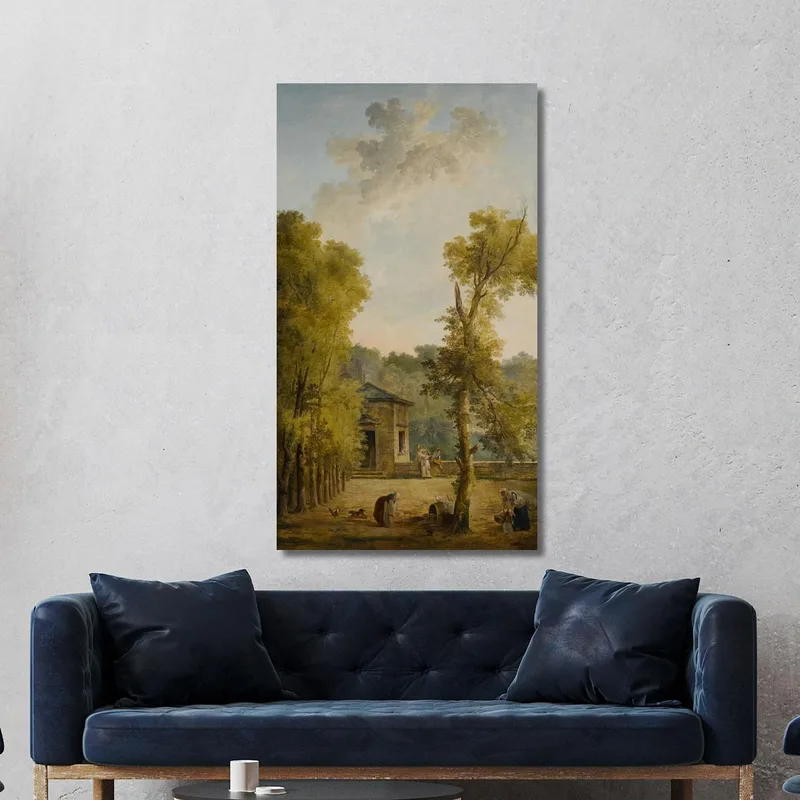 Vue D'Une Cour De Jardin Clos Avec Une Femme Nourrissant Des Poulets Et D'Autres Personnages Au Premier Plan Hubert Robert table