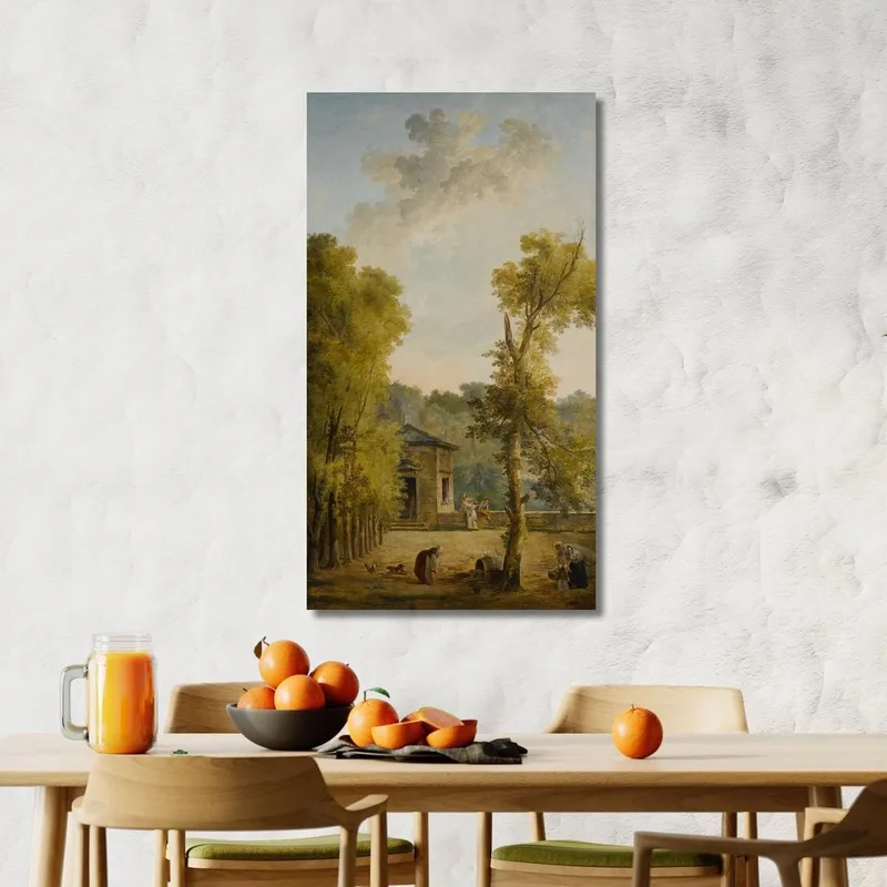 Vue D'Une Cour De Jardin Clos Avec Une Femme Nourrissant Des Poulets Et D'Autres Personnages Au Premier Plan Hubert Robert table