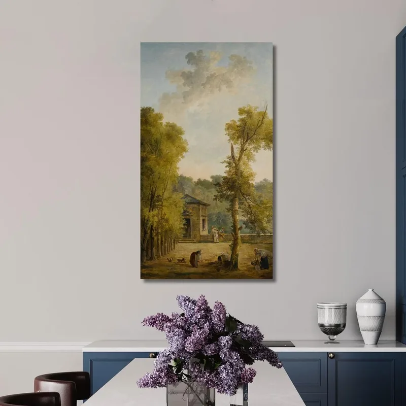 Vue D'Une Cour De Jardin Clos Avec Une Femme Nourrissant Des Poulets Et D'Autres Personnages Au Premier Plan Hubert Robert table