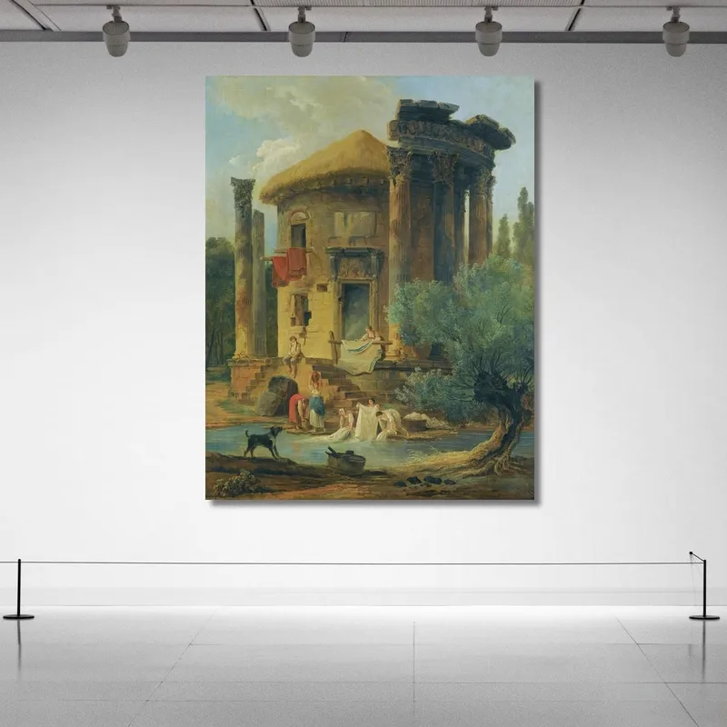 Washerwomen At The Edge Of A River Beneath A Ruined Circular Temple Hubert Robert