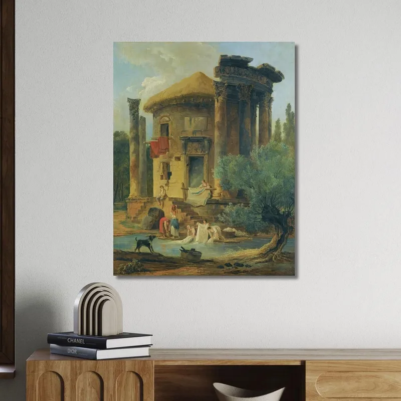 Washerwomen At The Edge Of A River Beneath A Ruined Circular Temple Hubert Robert