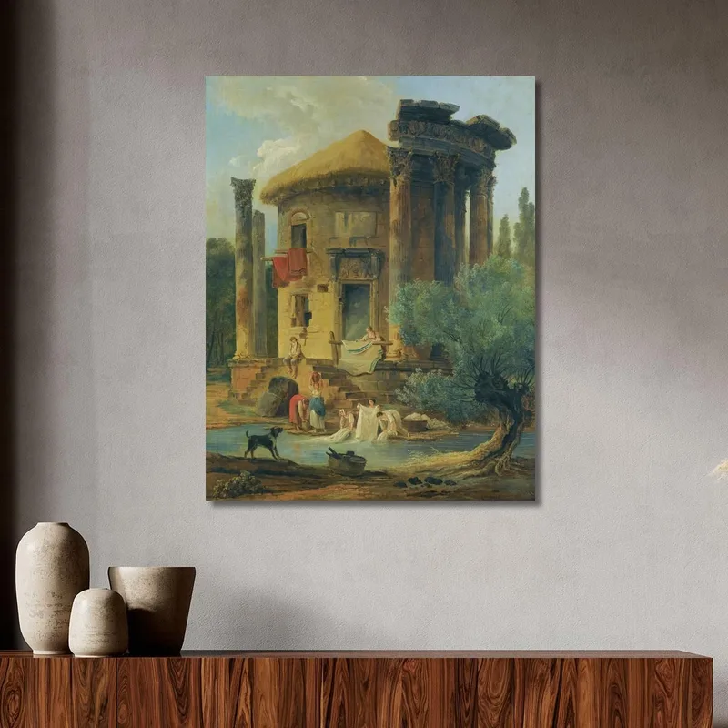 Washerwomen At The Edge Of A River Beneath A Ruined Circular Temple Hubert Robert