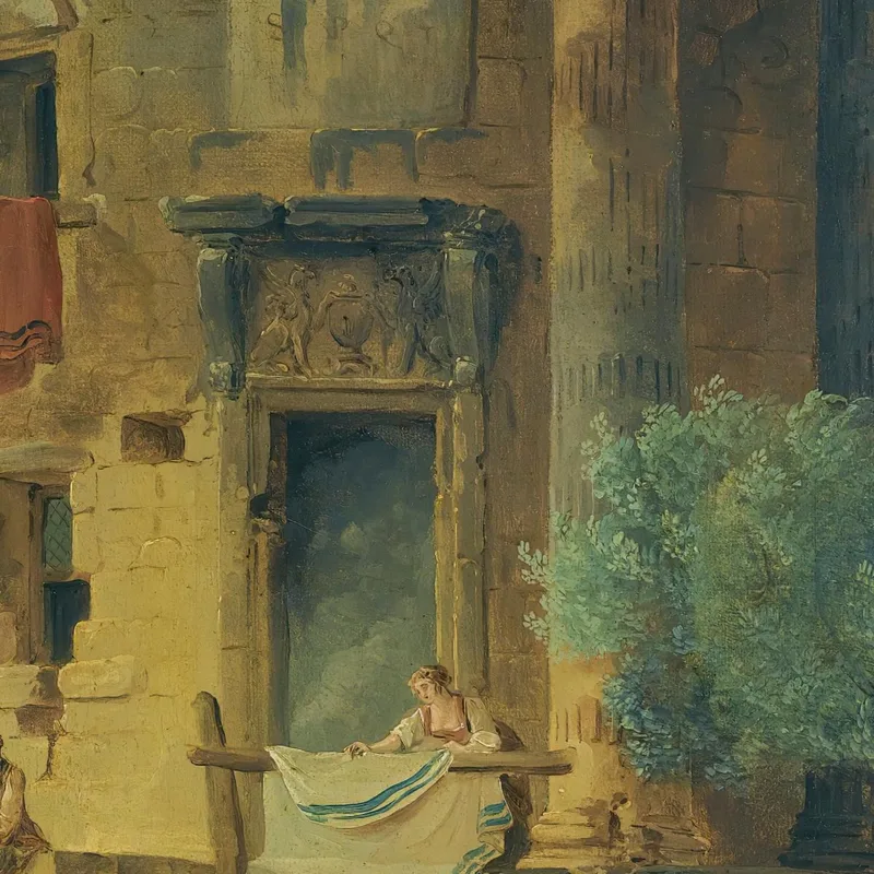 Washerwomen At The Edge Of A River Beneath A Ruined Circular Temple Hubert Robert
