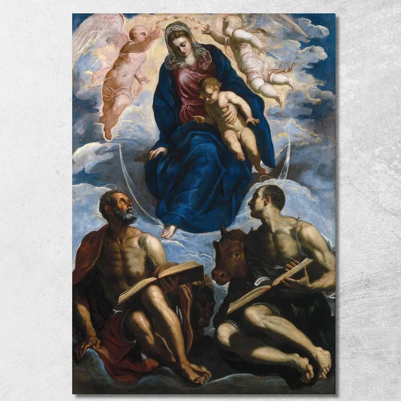 Maria Col Bambino Venerata Da San Marco E San Luca Jacopo Tintoretto quadro stampa su tela