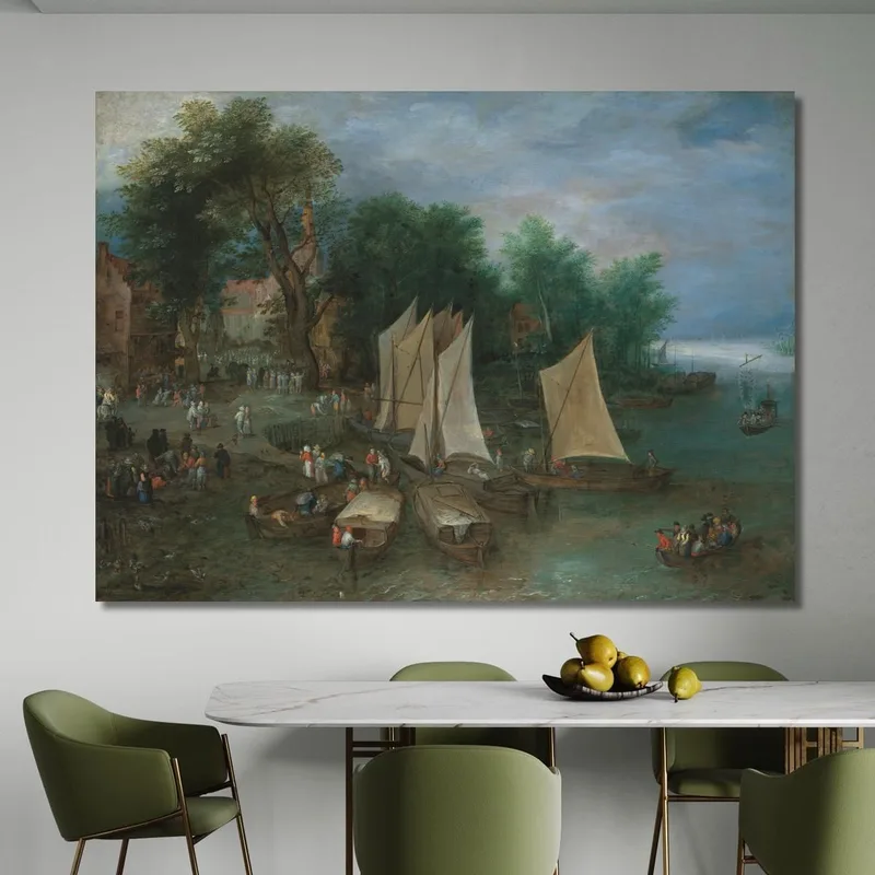 Eine Anlegestelle Nahe Einem Dorf Mit Schiffen Und Figuren Jan Brueghel The Elder