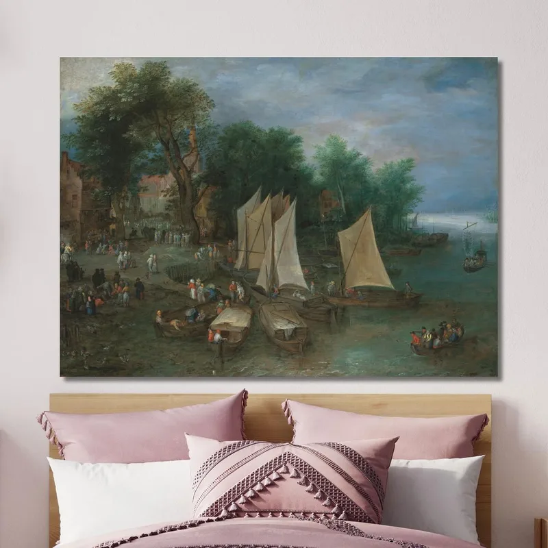 Eine Anlegestelle Nahe Einem Dorf Mit Schiffen Und Figuren Jan Brueghel The Elder