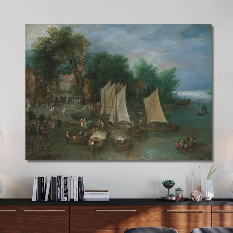 Eine Anlegestelle Nahe Einem Dorf Mit Schiffen Und Figuren Jan Brueghel The Elder
