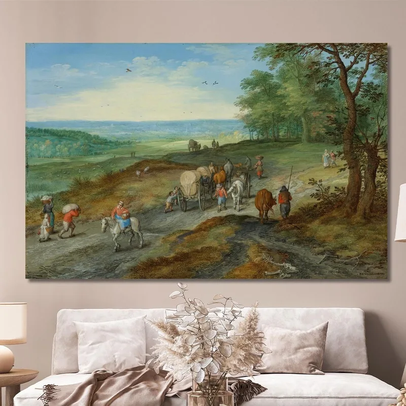 Eine Panoramische Landschaft Mit Einem Planwagen Und Reisenden Auf Einer Landstraße Jan Brueghel The Elder