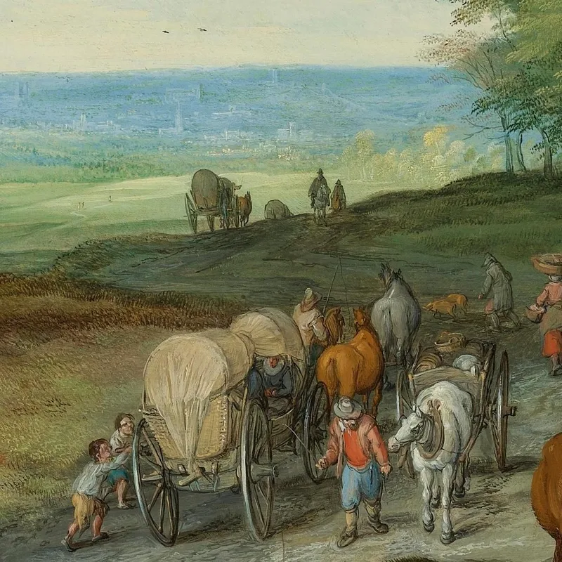 Eine Panoramische Landschaft Mit Einem Planwagen Und Reisenden Auf Einer Landstraße Jan Brueghel The Elder