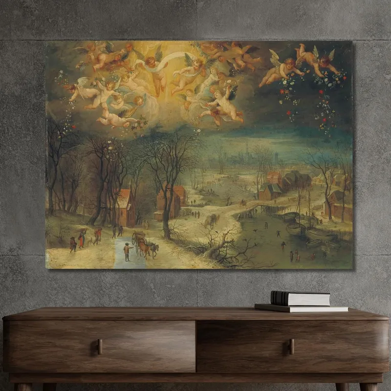 Eine Winterlandschaft Mit Dorfbewohnern Die Holz Sammeln Und Schlittschuhläufern Auf Einem Zugefrorenen Fluss Putti Streuen B