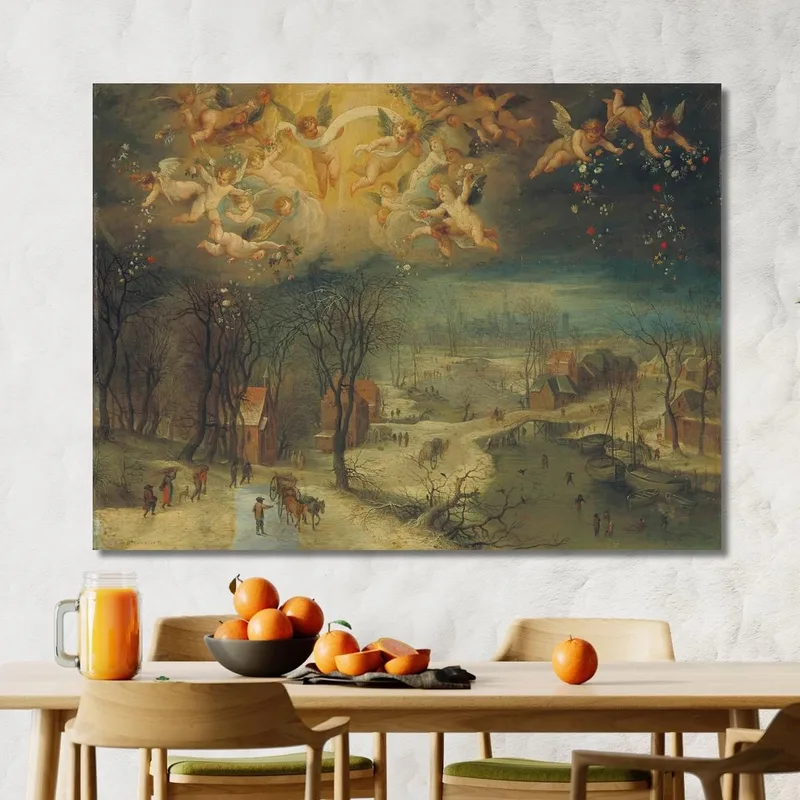 Eine Winterlandschaft Mit Dorfbewohnern Die Holz Sammeln Und Schlittschuhläufern Auf Einem Zugefrorenen Fluss Putti Streuen B