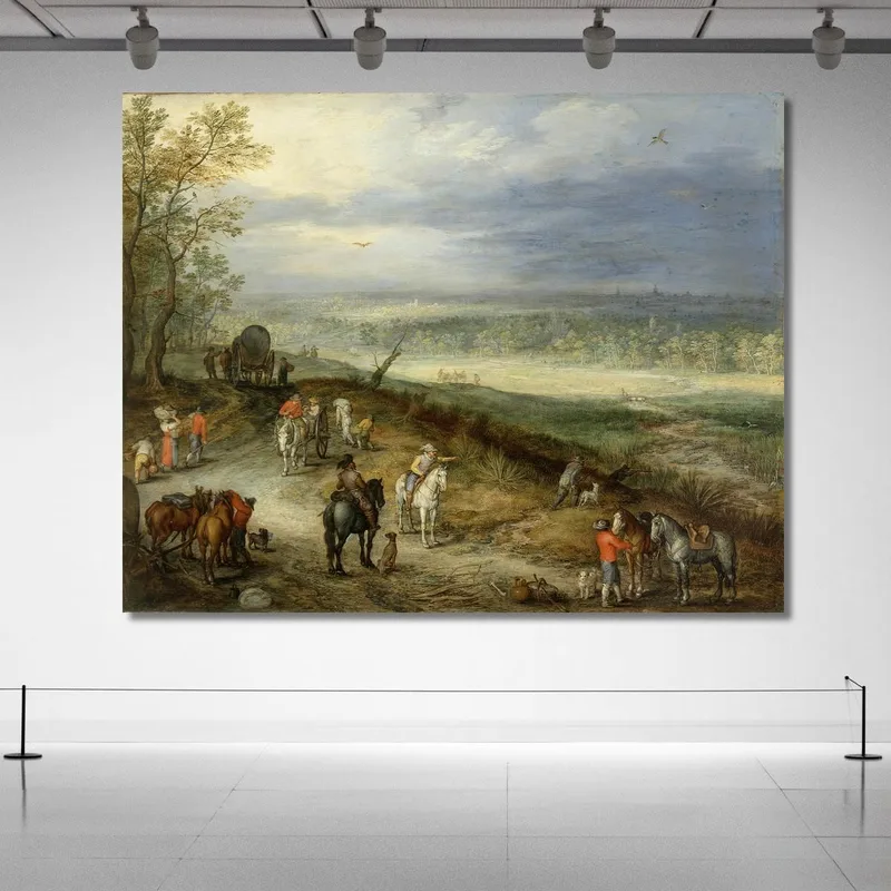 Paesaggio Esteso Con Viaggiatori Su Una Strada Di Campagna Jan Brueghel The Elder