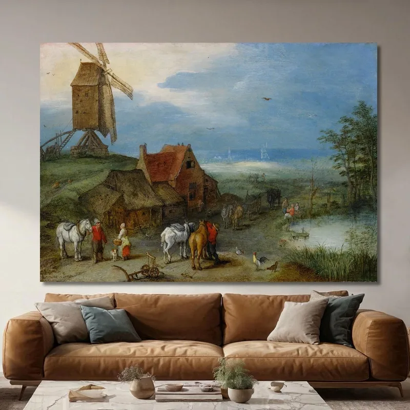 Landschaft Mit Windmühle Verschiedenen Figuren Pferden Und Tieren In Der Nähe Eines Bauernhofs Jan Brueghel The Elder