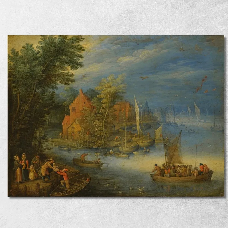 A Town On The Banks Of A Wide River With A Heavily Laden Ferry Approaching The Shore In The Foreground Jan Brueghel the Younger canvas print