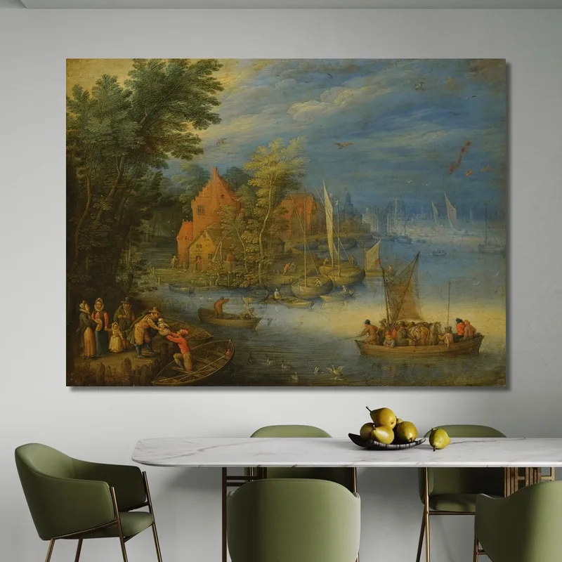 Una Città Sulle Rive Di Un Ampio Fiume Con Un Traghetto Carico Che Si Avvicina Alla Riva In Primo Piano Jan Brueghel the Younger