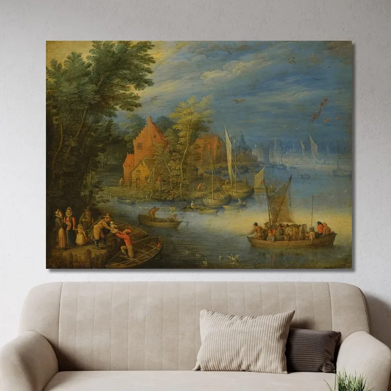 Una Città Sulle Rive Di Un Ampio Fiume Con Un Traghetto Carico Che Si Avvicina Alla Riva In Primo Piano Jan Brueghel the Younger