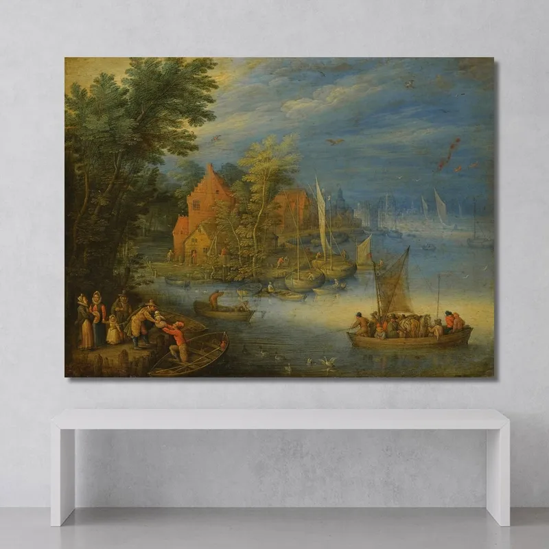 Una Città Sulle Rive Di Un Ampio Fiume Con Un Traghetto Carico Che Si Avvicina Alla Riva In Primo Piano Jan Brueghel the Younger