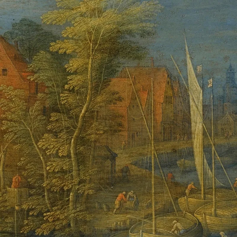 Una Città Sulle Rive Di Un Ampio Fiume Con Un Traghetto Carico Che Si Avvicina Alla Riva In Primo Piano Jan Brueghel the Younger