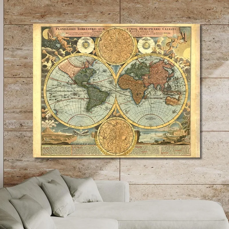 Gemälde Antike Weltkarte Mit Detaillierten Hemisphären Und Astronomischen Illustrationen
