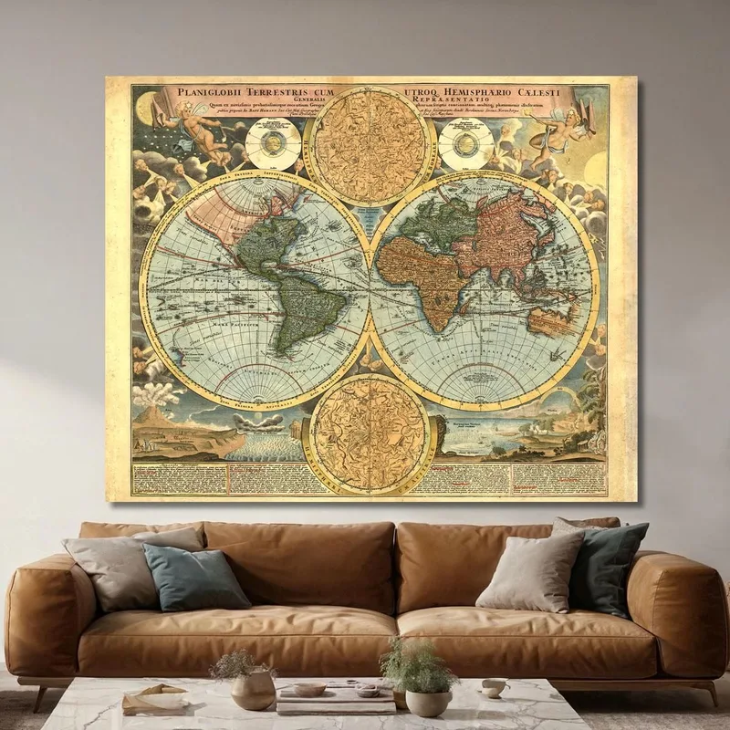 Gemälde Antike Weltkarte Mit Detaillierten Hemisphären Und Astronomischen Illustrationen