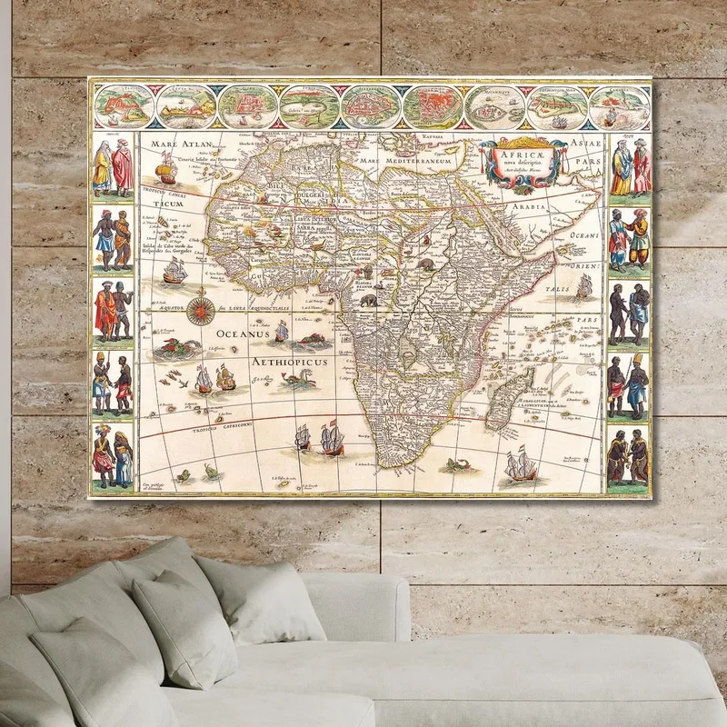 Tableau Carte Ancienne De L'Afrique Avec Illustrations De Navires Et Populations Locales