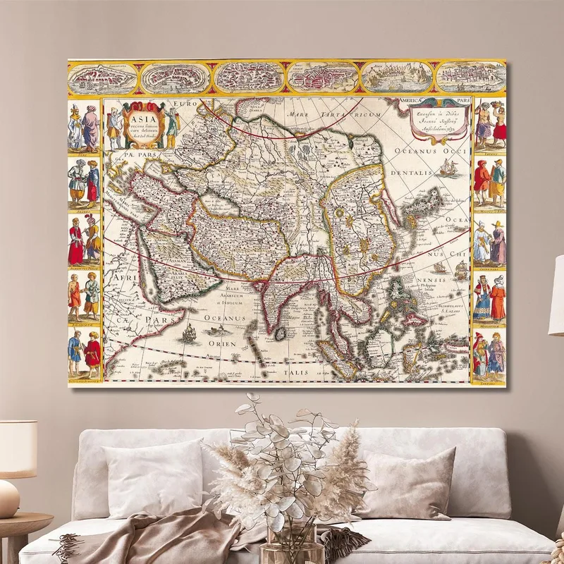 Cuadro Mapa Antiguo De Asia Con Borde Decorativo Y Estilo Renacentista