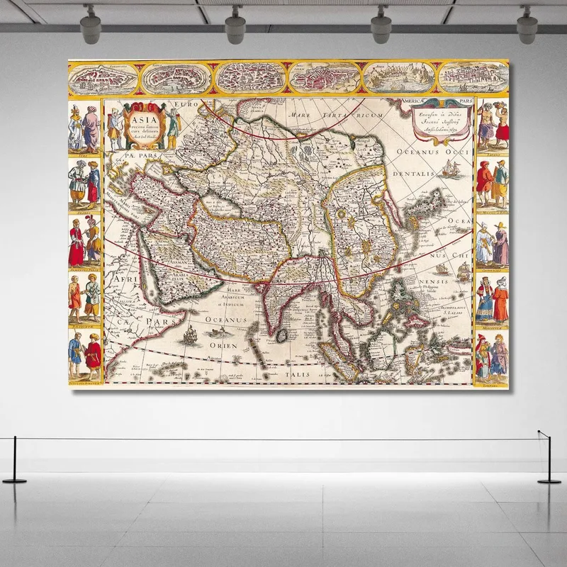 Cuadro Mapa Antiguo De Asia Con Borde Decorativo Y Estilo Renacentista