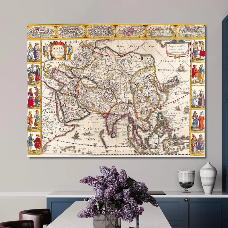 Cuadro Mapa Antiguo De Asia Con Borde Decorativo Y Estilo Renacentista