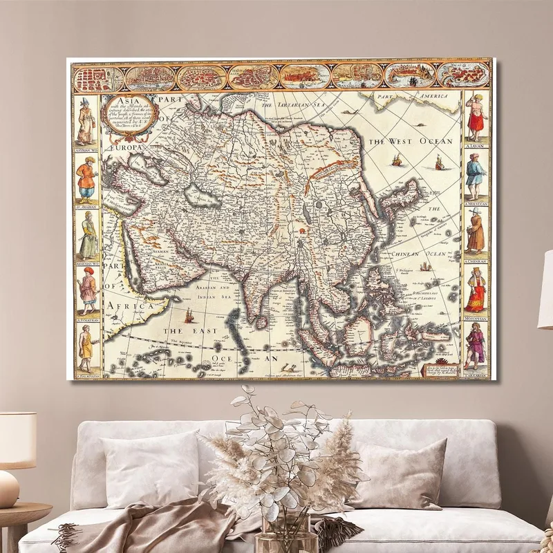 Cuadro Mapa Antiguo De Asia Con Ilustraciones De Culturas Y Poblaciones Históricas
