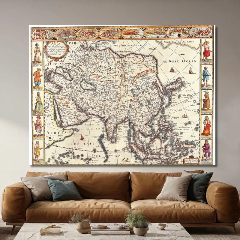 Cuadro Mapa Antiguo De Asia Con Ilustraciones De Culturas Y Poblaciones Históricas