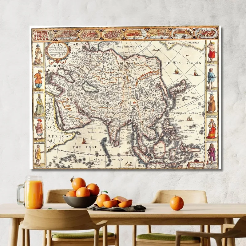 Cuadro Mapa Antiguo De Asia Con Ilustraciones De Culturas Y Poblaciones Históricas
