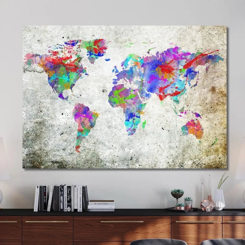Cuadro Mapa Del Mundo Acuarela Abstracta Colorida Sobre Fondo Vintage