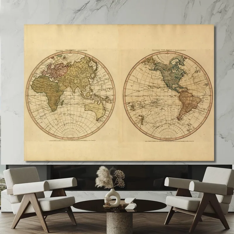 Cuadro Mapa Del Mundo Antiguo Con Dos Hemisferios Y Detalles Cartográficos Históricos