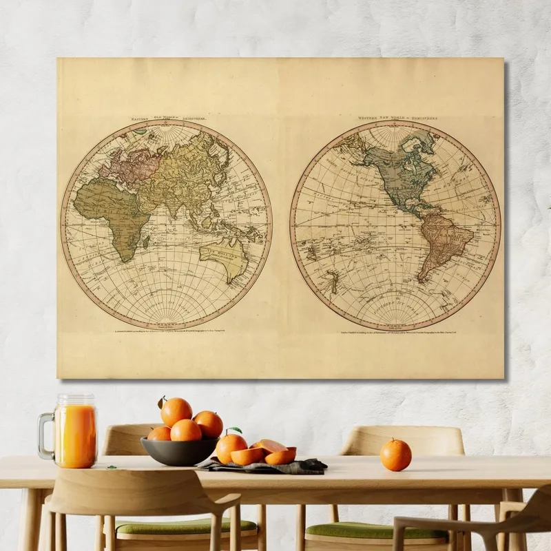 Cuadro Mapa Del Mundo Antiguo Con Dos Hemisferios Y Detalles Cartográficos Históricos